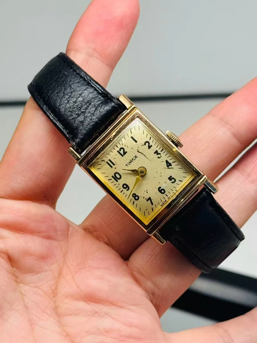 Vintage Timex Ladies Manual Wind Gold Tone Rectangular Watch Black Strap Running